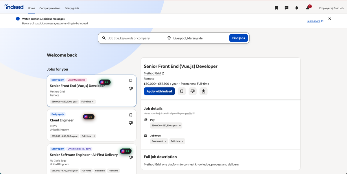 Matchie Lens match badges on Indeed job listings