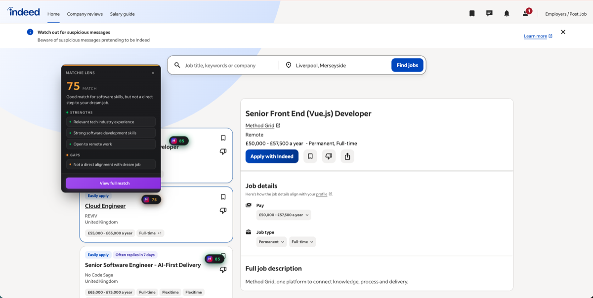 The Matchie Lens breakdown popup over a job listing